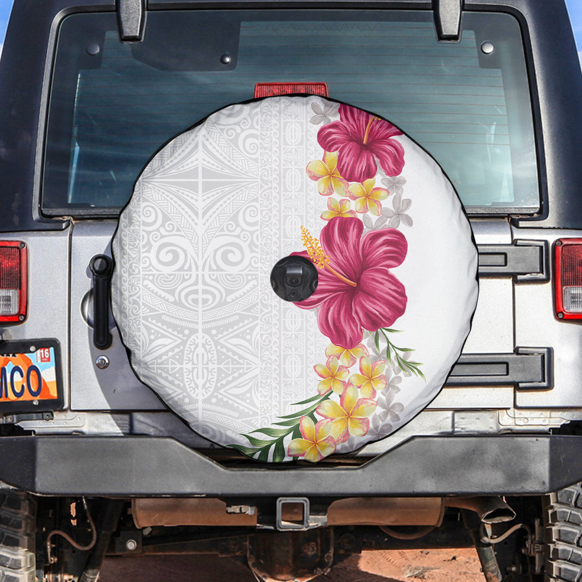 Hawaiian Plumeria and Hibiscus Spare Tire Cover White Mode LT03 White - Polynesian Pride