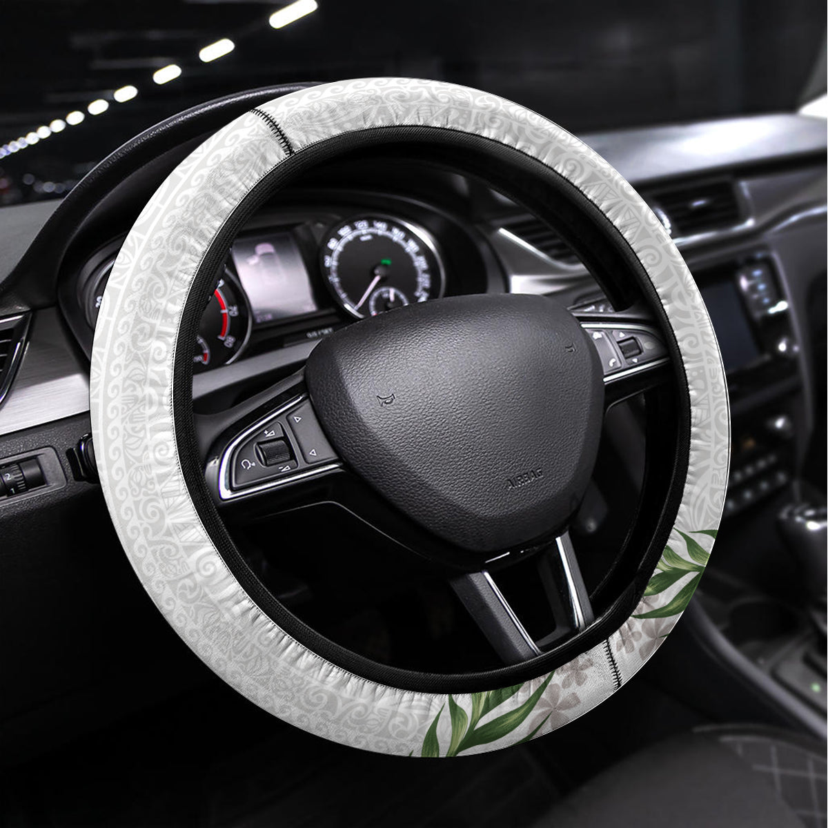 Hawaiian Plumeria and Hibiscus Steering Wheel Cover White Mode LT03 Universal Fit White - Polynesian Pride