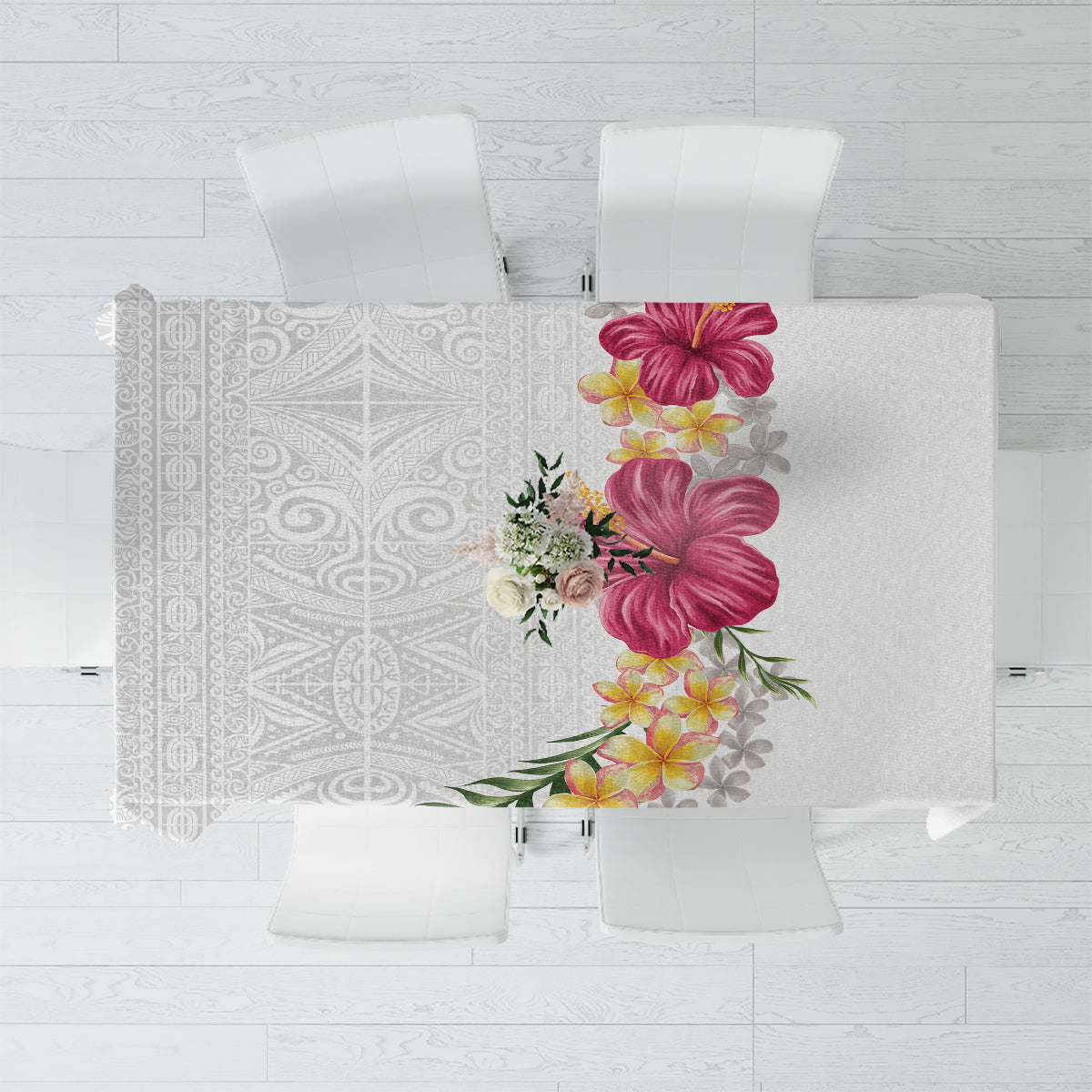 Hawaiian Plumeria and Hibiscus Tablecloth White Mode