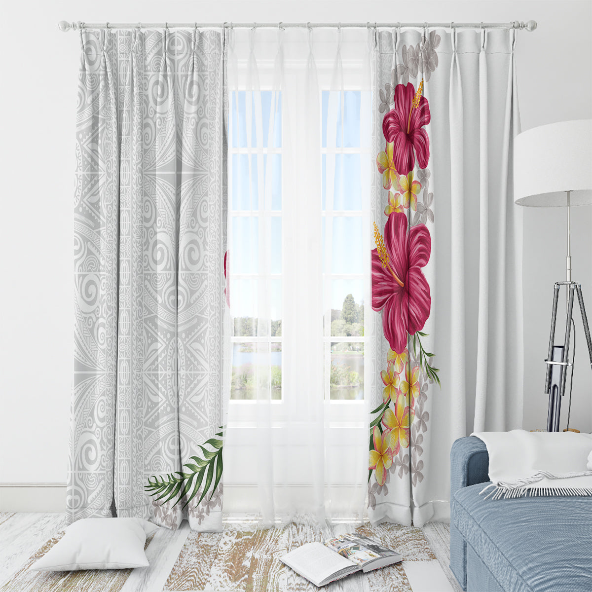 Hawaiian Plumeria and Hibiscus Window Curtain White Mode LT03 - Polynesian Pride