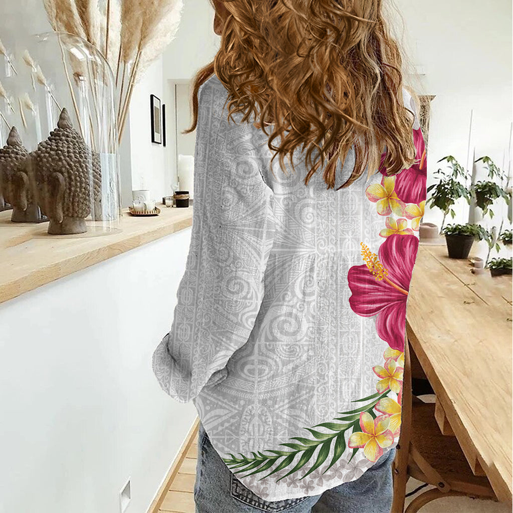 Hawaiian Plumeria and Hibiscus Women Casual Shirt - White Mode LT03 - Polynesian Pride