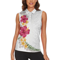 Hawaiian Plumeria and Hibiscus Women Sleeveless Polo Shirt White Mode LT03 - Polynesian Pride