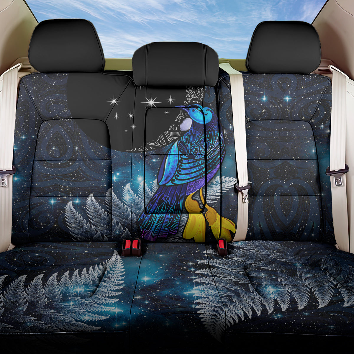 New Zealand Tui Bird Matariki Back Car Seat Cover Galaxy Fern With Maori Pattern