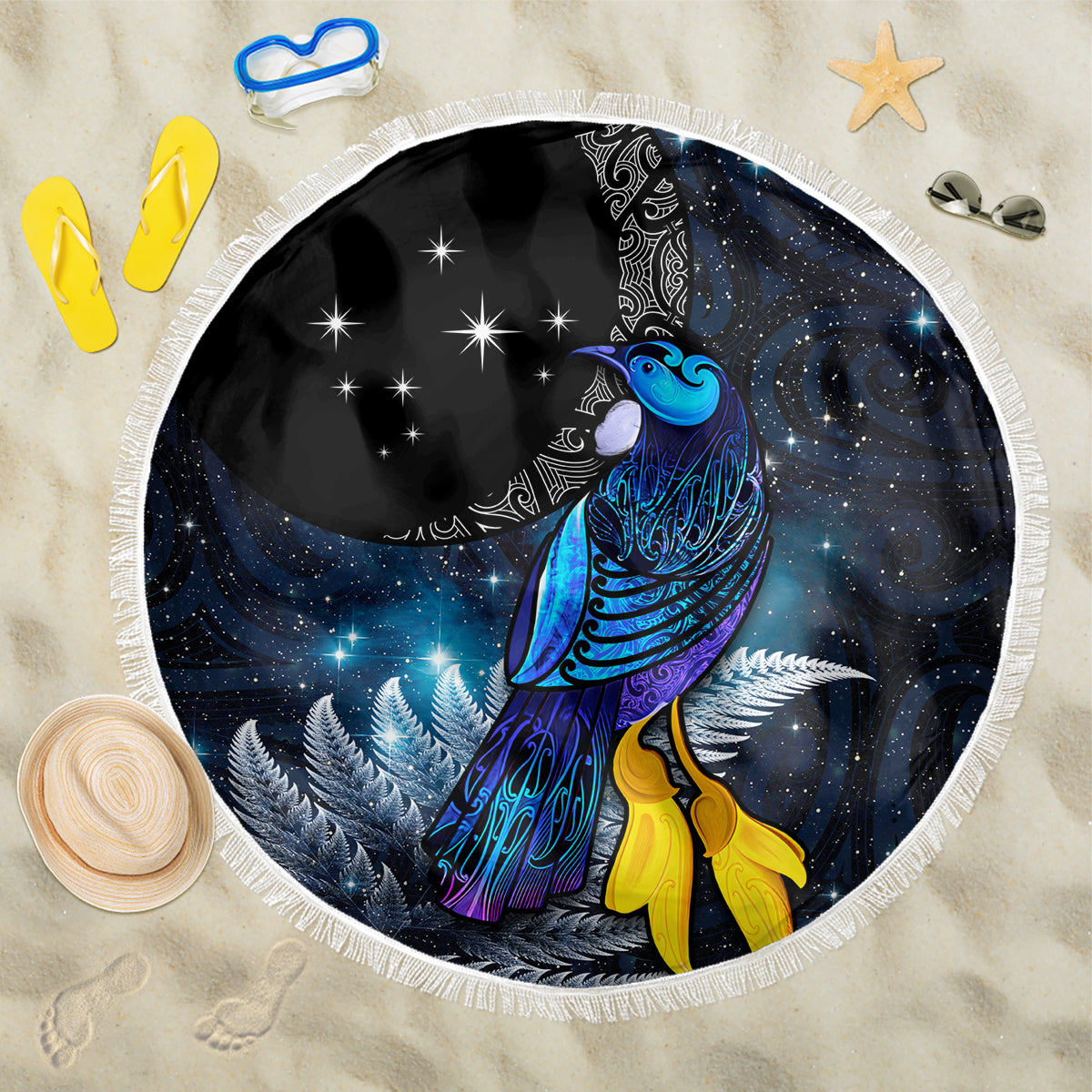 New Zealand Tui Bird Matariki Beach Blanket Galaxy Fern With Maori Pattern LT03 One Size 150cm Blue - Polynesian Pride