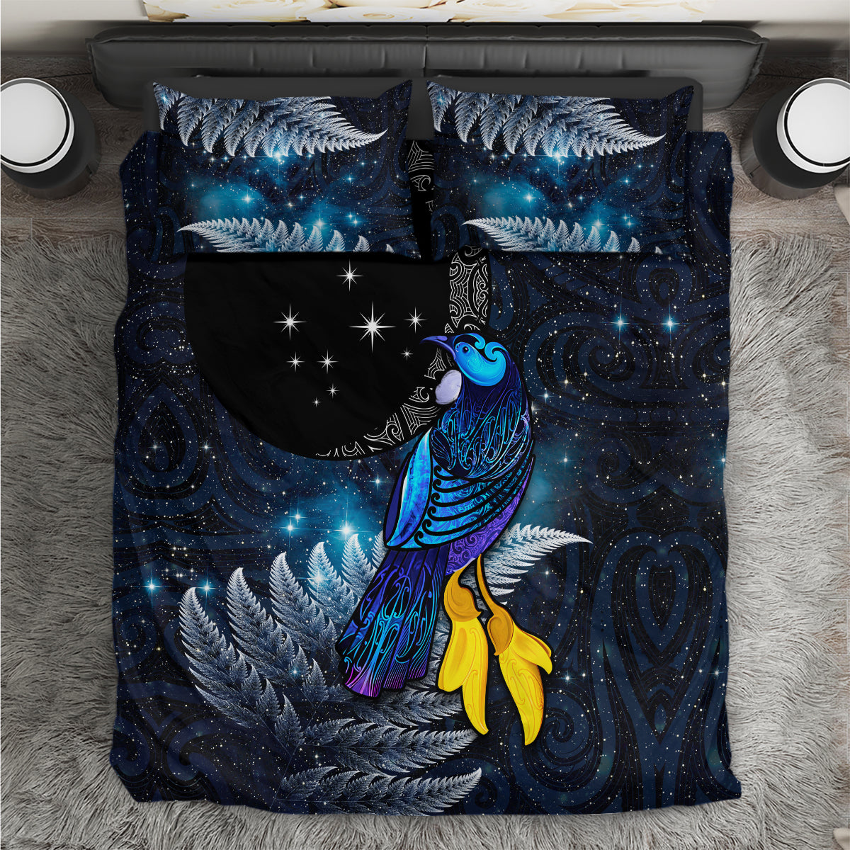 New Zealand Tui Bird Matariki Bedding Set Galaxy Fern With Maori Pattern LT03 Blue - Polynesian Pride