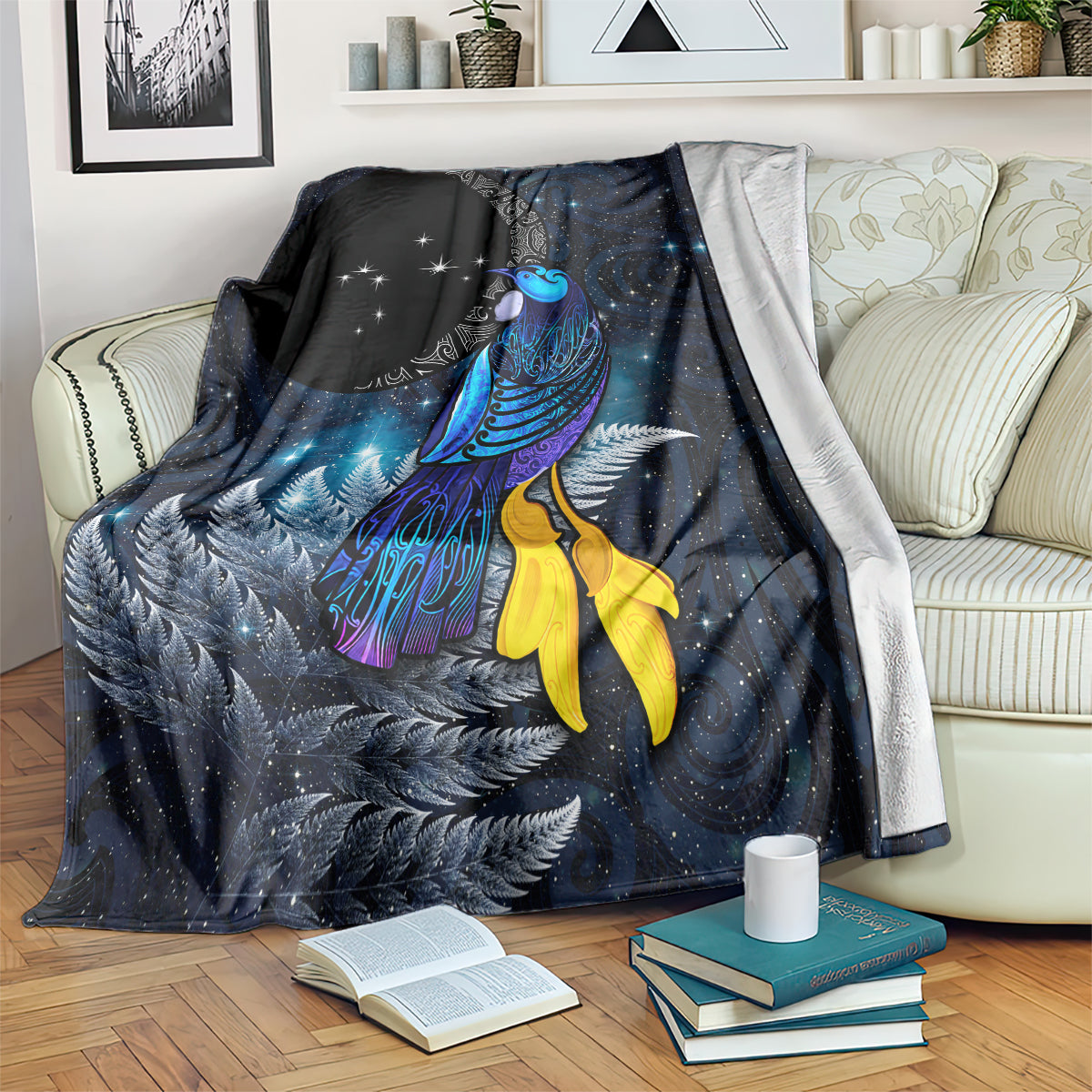 New Zealand Tui Bird Matariki Blanket Galaxy Fern With Maori Pattern LT03 Blue - Polynesian Pride