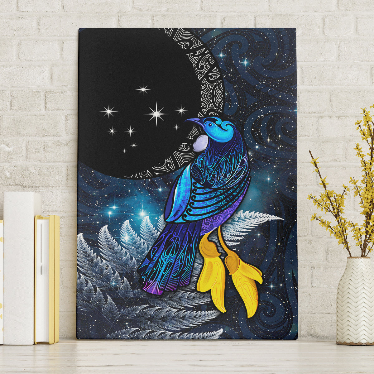 New Zealand Tui Bird Matariki Canvas Wall Art Galaxy Fern With Maori Pattern LT03 Without Frame Blue - Polynesian Pride