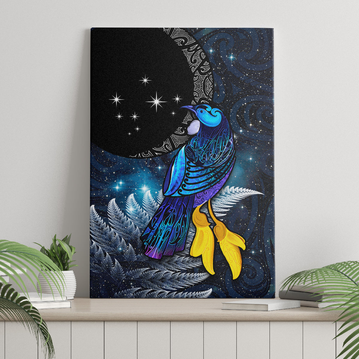 New Zealand Tui Bird Matariki Canvas Wall Art Galaxy Fern With Maori Pattern LT03 - Polynesian Pride