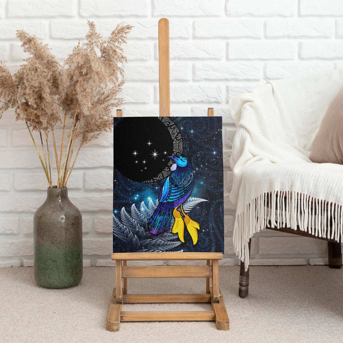 New Zealand Tui Bird Matariki Canvas Wall Art Galaxy Fern With Maori Pattern LT03 - Polynesian Pride