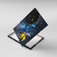 New Zealand Tui Bird Matariki Canvas Wall Art Galaxy Fern With Maori Pattern LT03 With Frame Blue - Polynesian Pride