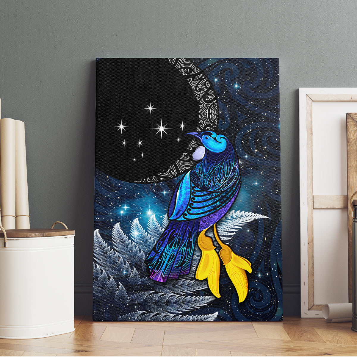 New Zealand Tui Bird Matariki Canvas Wall Art Galaxy Fern With Maori Pattern LT03 - Polynesian Pride