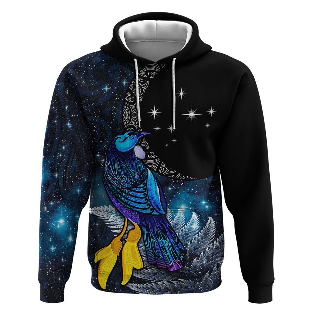 New Zealand Tui Bird Matariki Hoodie Galaxy Fern With Maori Pattern LT03 Pullover Hoodie Blue - Polynesian Pride