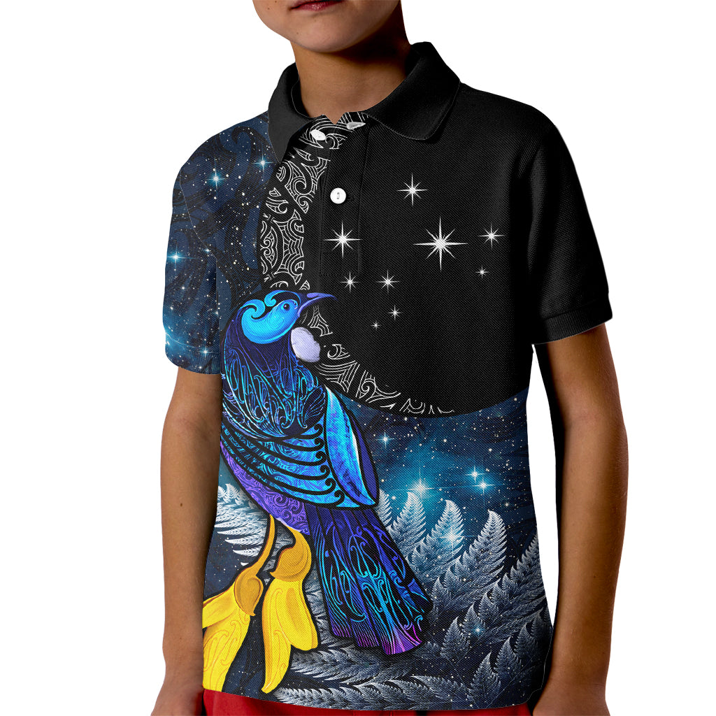 New Zealand Tui Bird Matariki Kid Polo Shirt Galaxy Fern With Maori Pattern