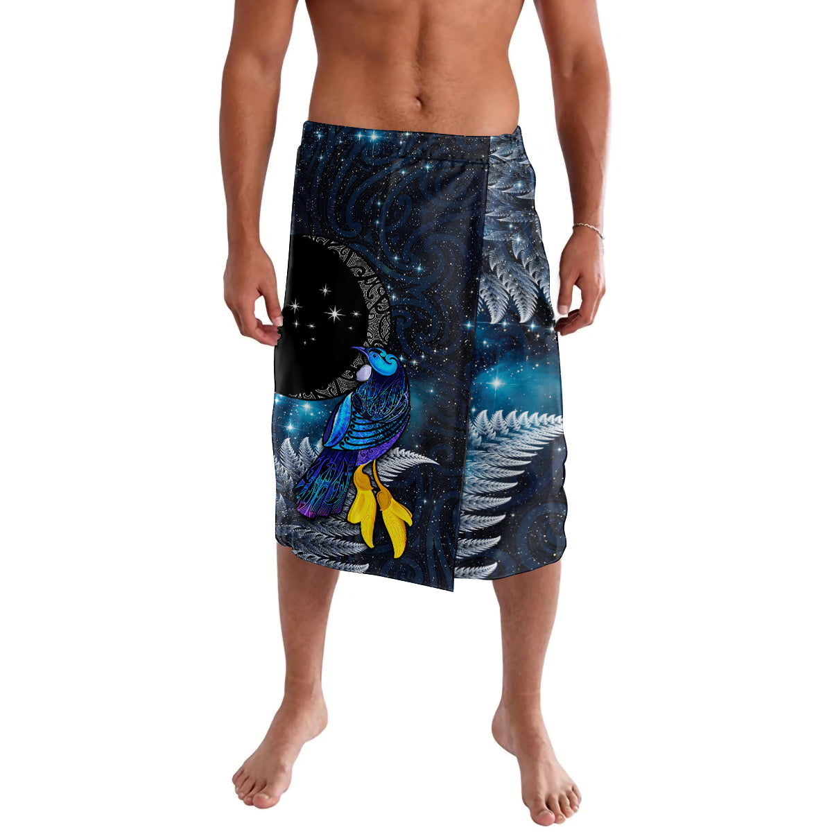New Zealand Tui Bird Matariki Lavalava Galaxy Fern With Maori Pattern LT03 Blue - Polynesian Pride