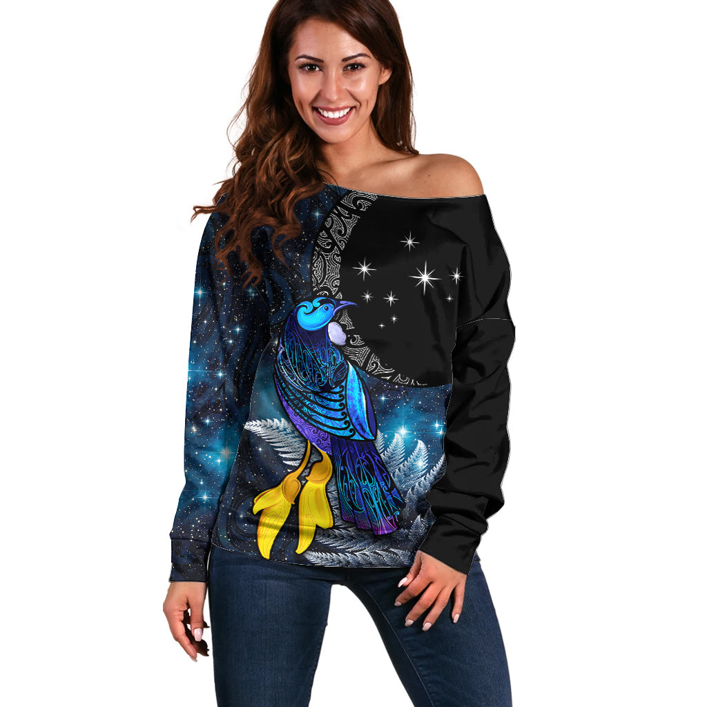 New Zealand Tui Bird Matariki Off Shoulder Sweater Galaxy Fern With Maori Pattern LT03 Women Blue - Polynesian Pride