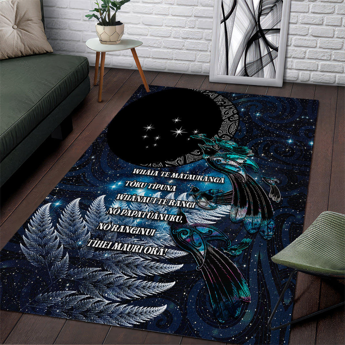 New Zealand Tui Bird Area Rug Matariki Poetry Pattern Galaxy Style