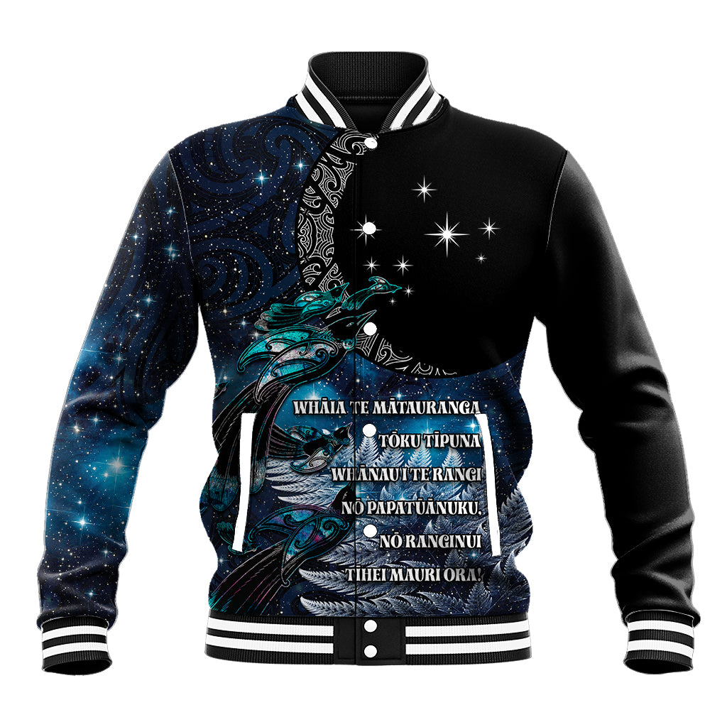 New Zealand Tui Bird Baseball Jacket Matariki Poetry Pattern Galaxy Style