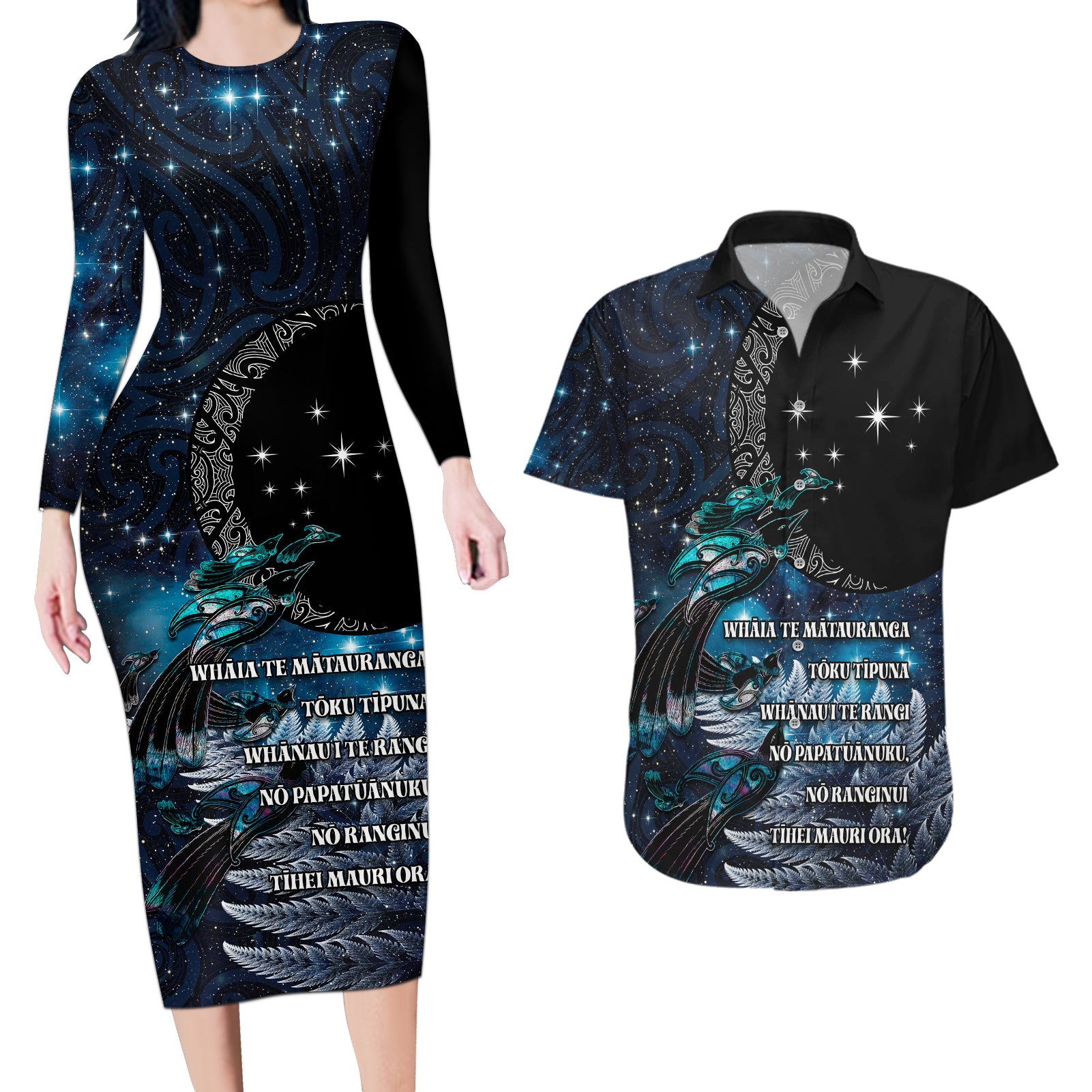 New Zealand Tui Bird Couples Matching Long Sleeve Bodycon Dress and Hawaiian Shirt Matariki Poetry Pattern Galaxy Style