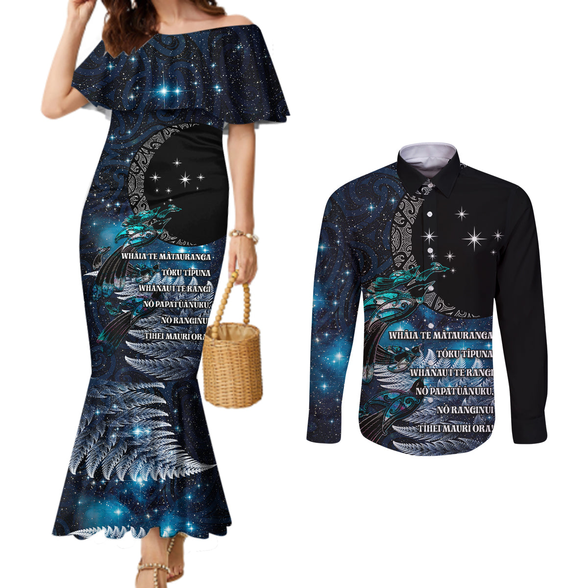 New Zealand Tui Bird Couples Matching Mermaid Dress and Long Sleeve Button Shirt Matariki Poetry Pattern Galaxy Style