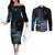 New Zealand Tui Bird Couples Matching Off The Shoulder Long Sleeve Dress and Long Sleeve Button Shirt Matariki Poetry Pattern Galaxy Style