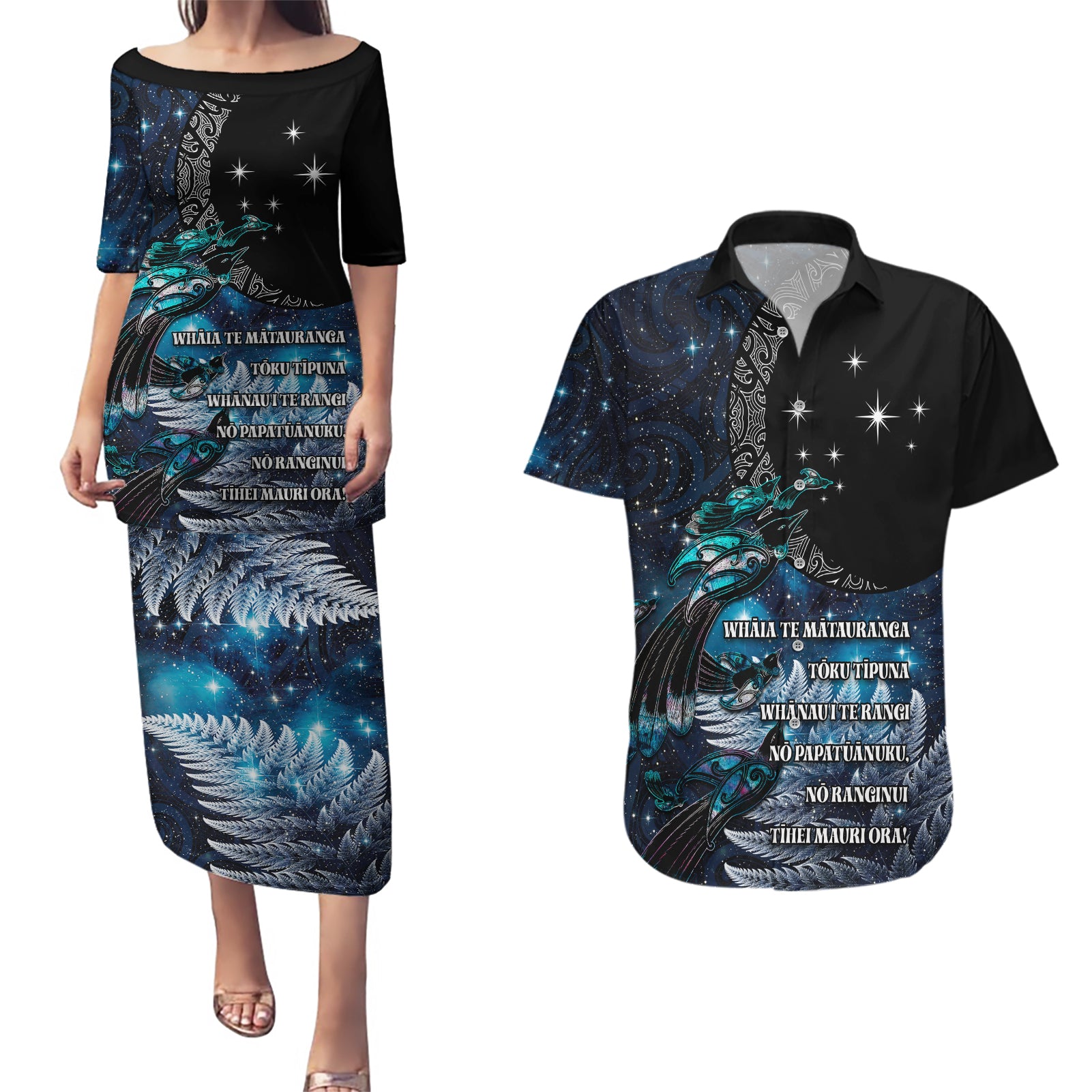 New Zealand Tui Bird Couples Matching Puletasi and Hawaiian Shirt Matariki Poetry Pattern Galaxy Style