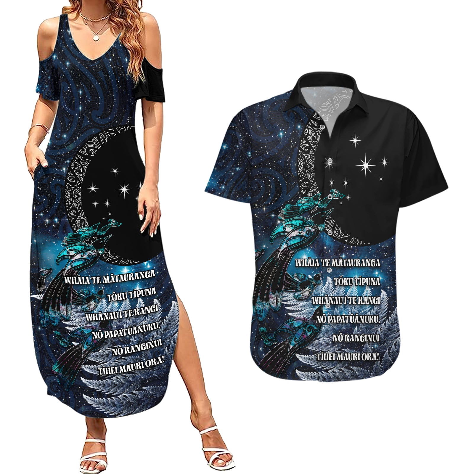 New Zealand Tui Bird Couples Matching Summer Maxi Dress and Hawaiian Shirt Matariki Poetry Pattern Galaxy Style