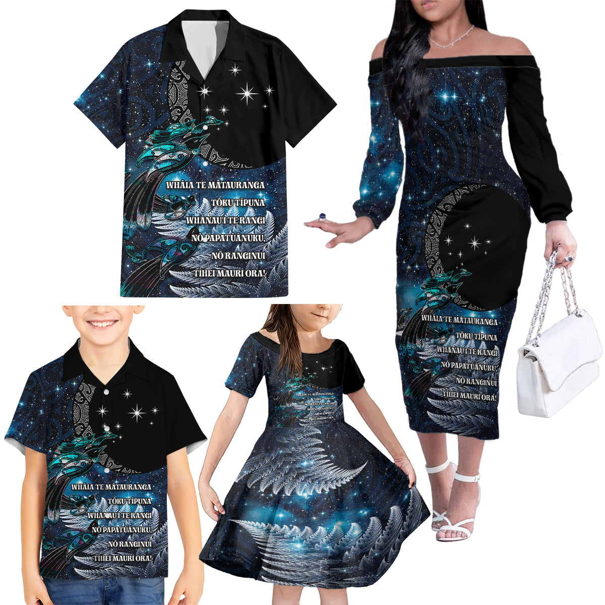 New Zealand Tui Bird Family Matching Off The Shoulder Long Sleeve Dress and Hawaiian Shirt Matariki Poetry Pattern Galaxy Style