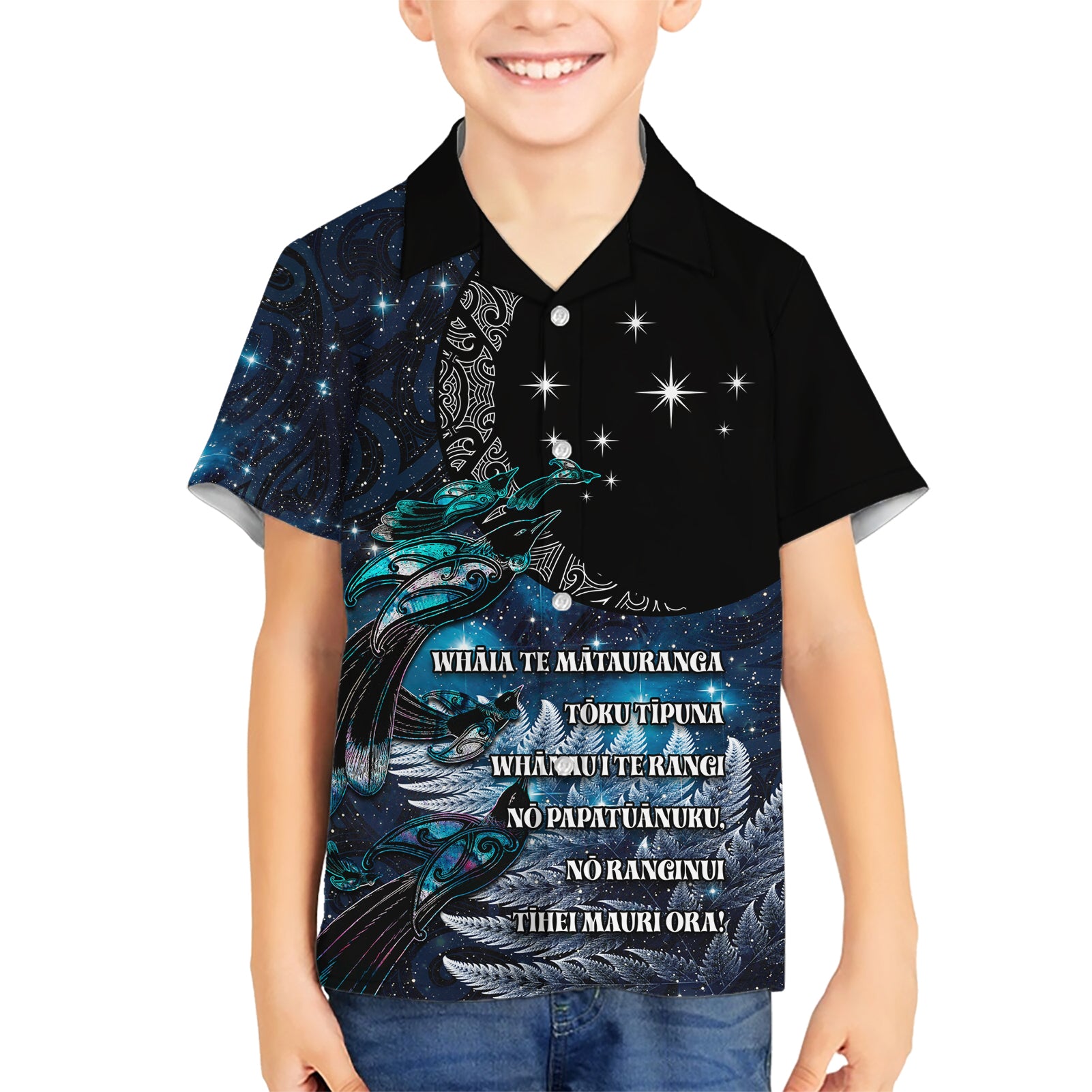 New Zealand Tui Bird Kid Hawaiian Shirt Matariki Poetry Pattern Galaxy Style