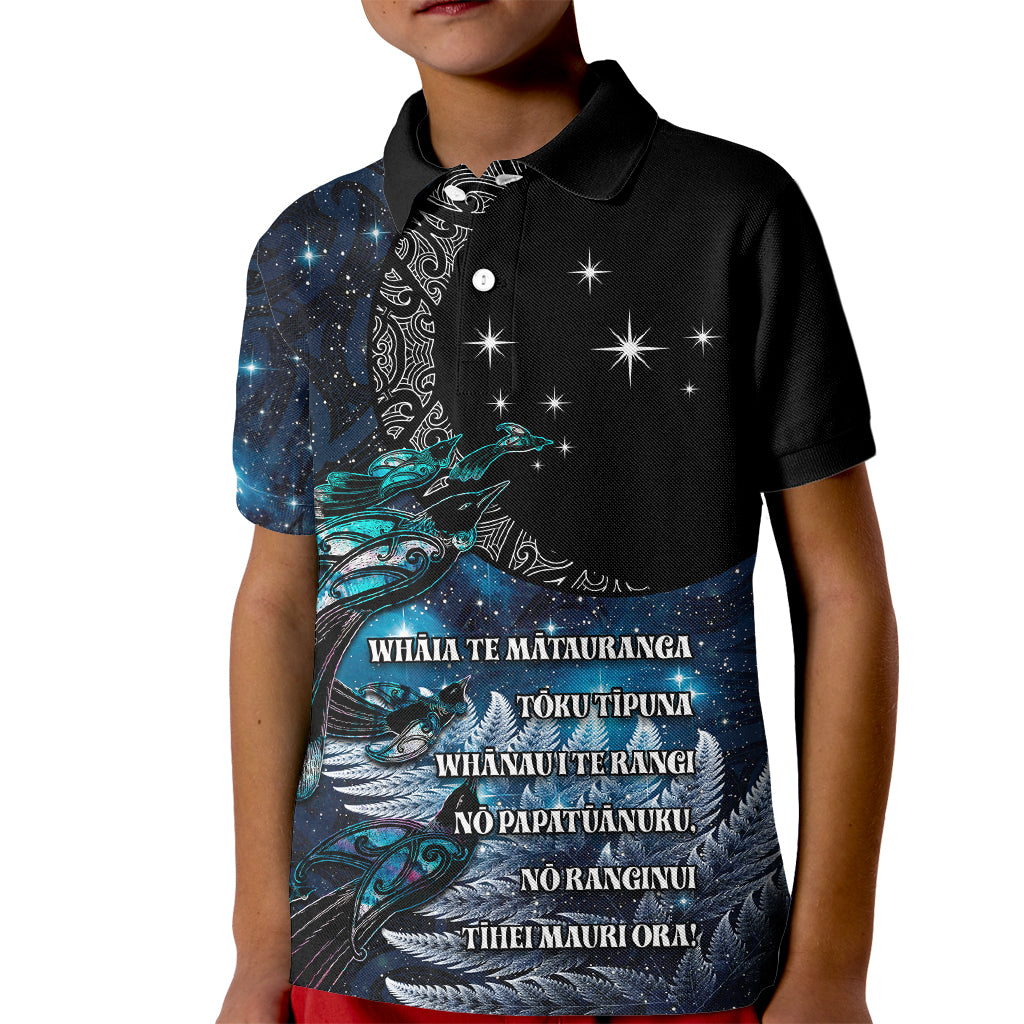 New Zealand Tui Bird Kid Polo Shirt Matariki Poetry Pattern Galaxy Style