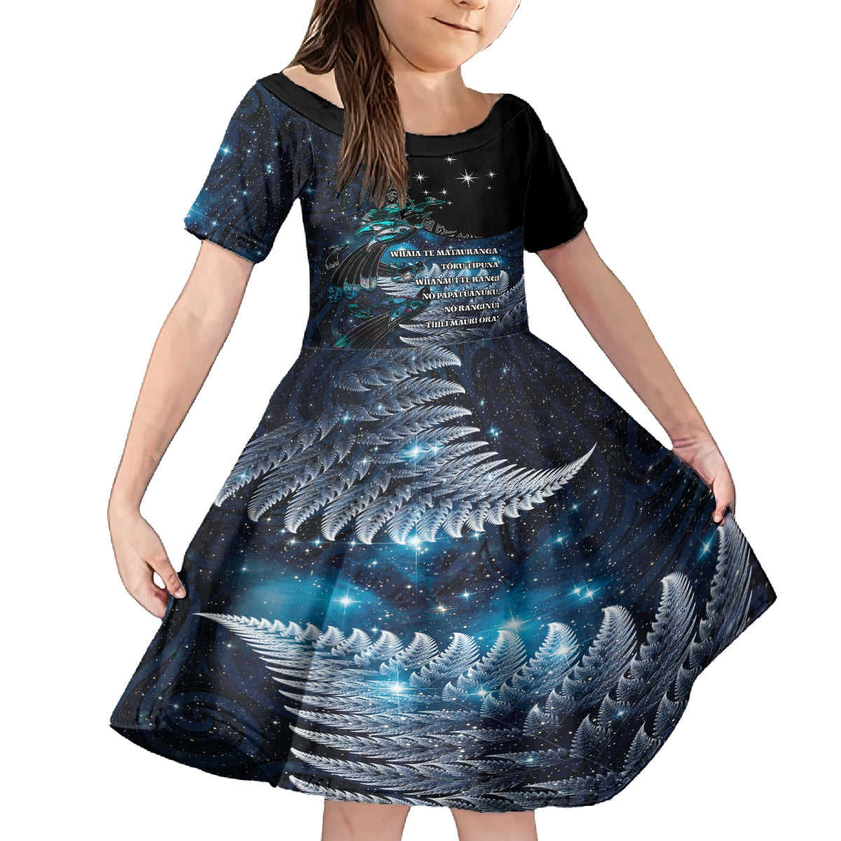 New Zealand Tui Bird Kid Short Sleeve Dress Matariki Poetry Pattern Galaxy Style