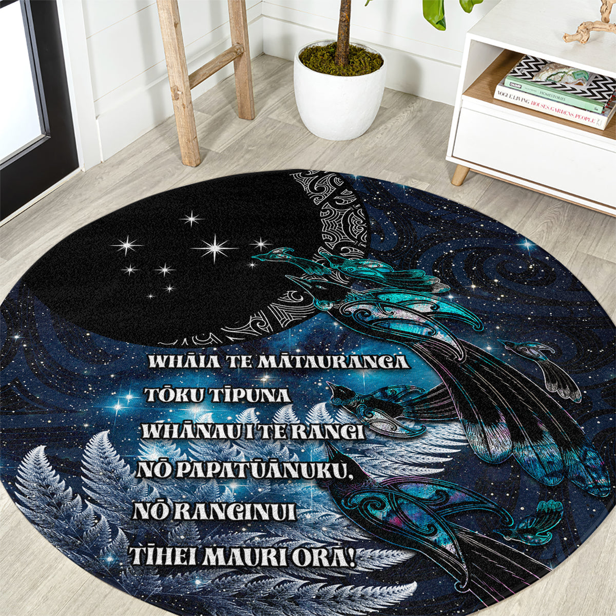 New Zealand Tui Bird Round Carpet Matariki Poetry Pattern Galaxy Style LT03 Blue - Polynesian Pride