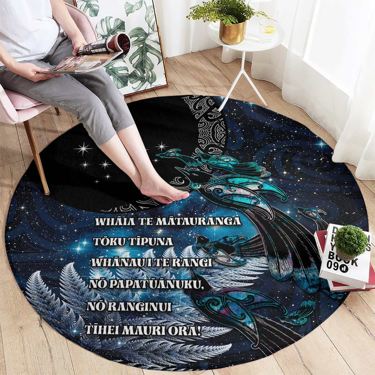 New Zealand Tui Bird Round Carpet Matariki Poetry Pattern Galaxy Style LT03 - Polynesian Pride