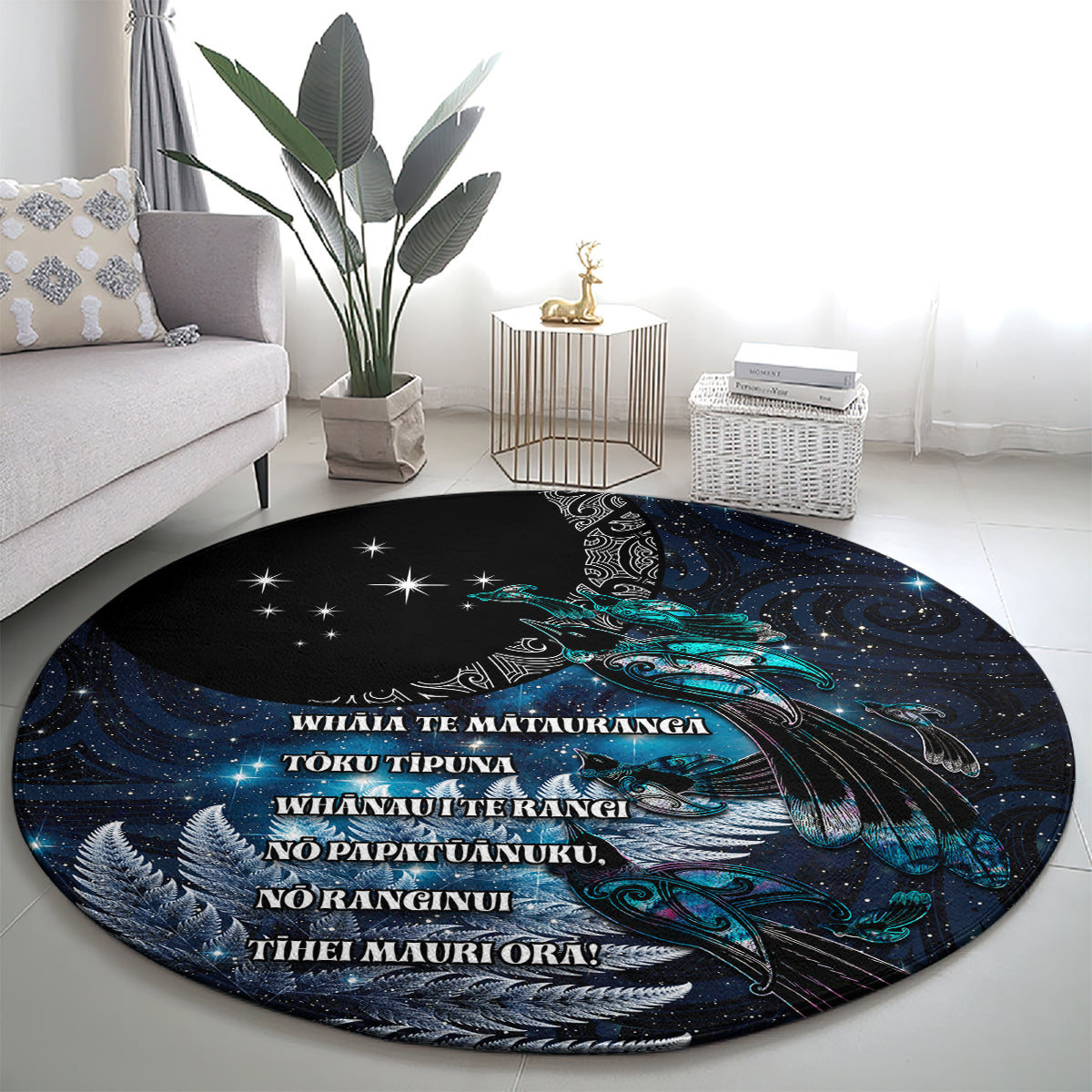 New Zealand Tui Bird Round Carpet Matariki Poetry Pattern Galaxy Style LT03 - Polynesian Pride