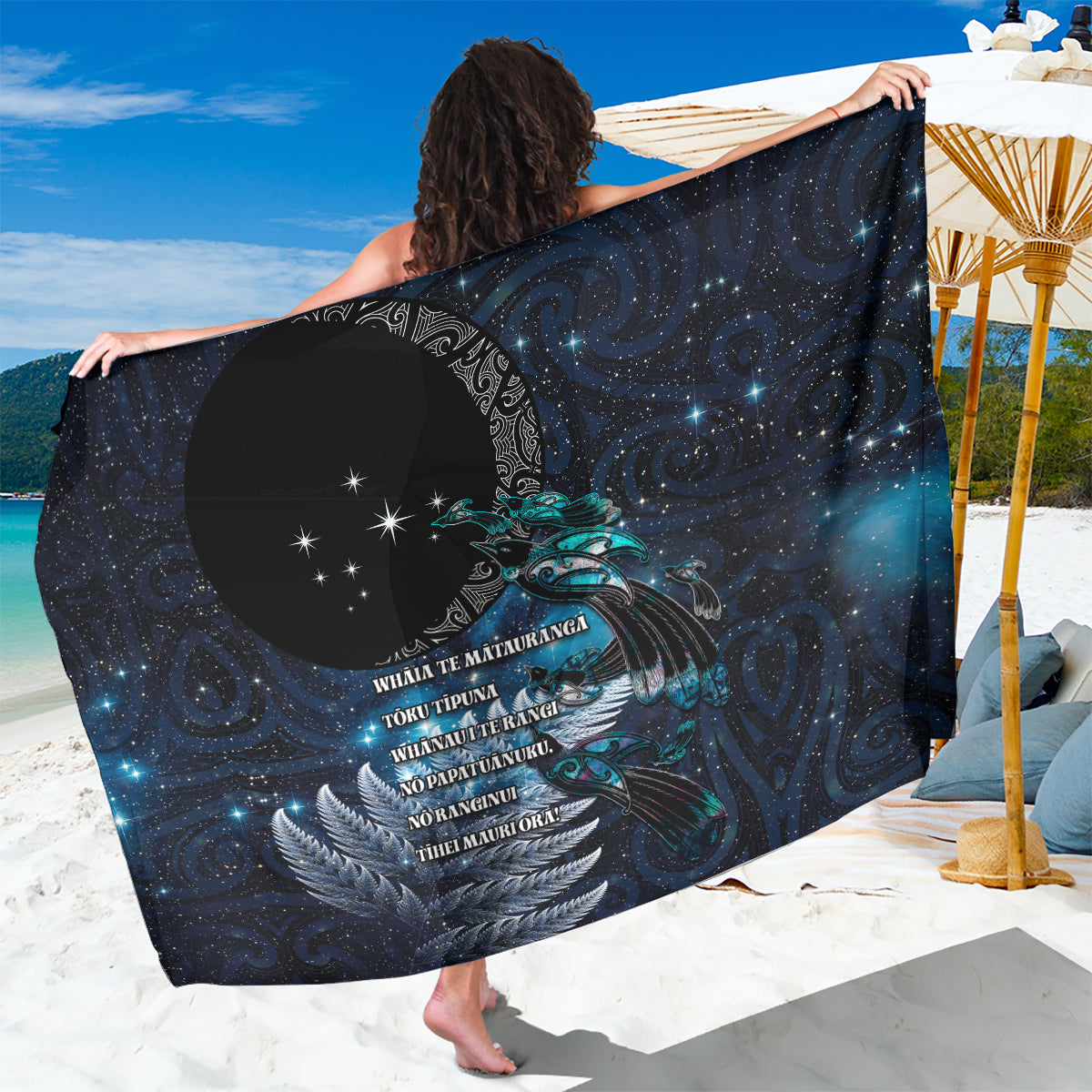 New Zealand Tui Bird Sarong Matariki Poetry Pattern Galaxy Style LT03 One Size 44 x 66 inches Blue - Polynesian Pride