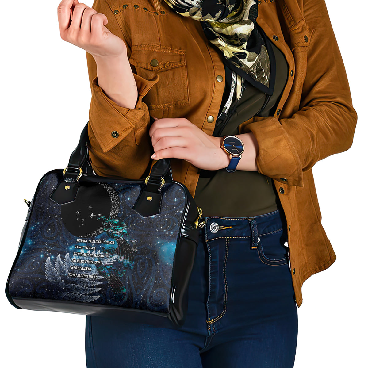 New Zealand Tui Bird Shoulder Handbag Matariki Poetry Pattern Galaxy Style LT03 - Polynesian Pride
