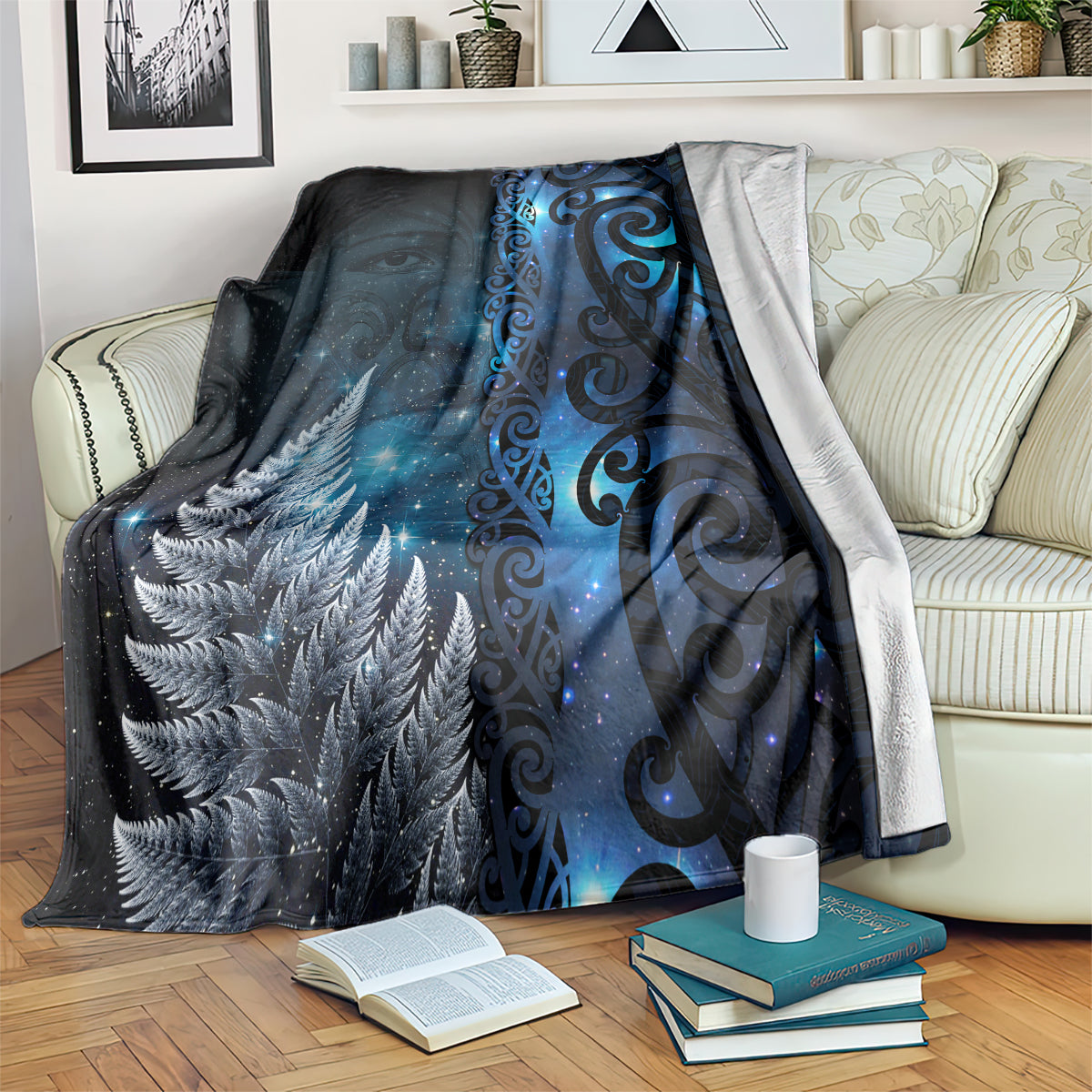 New Zealand Matariki Blanket The Tribal Maori Face and Silver Fern LT03 Blue - Polynesian Pride