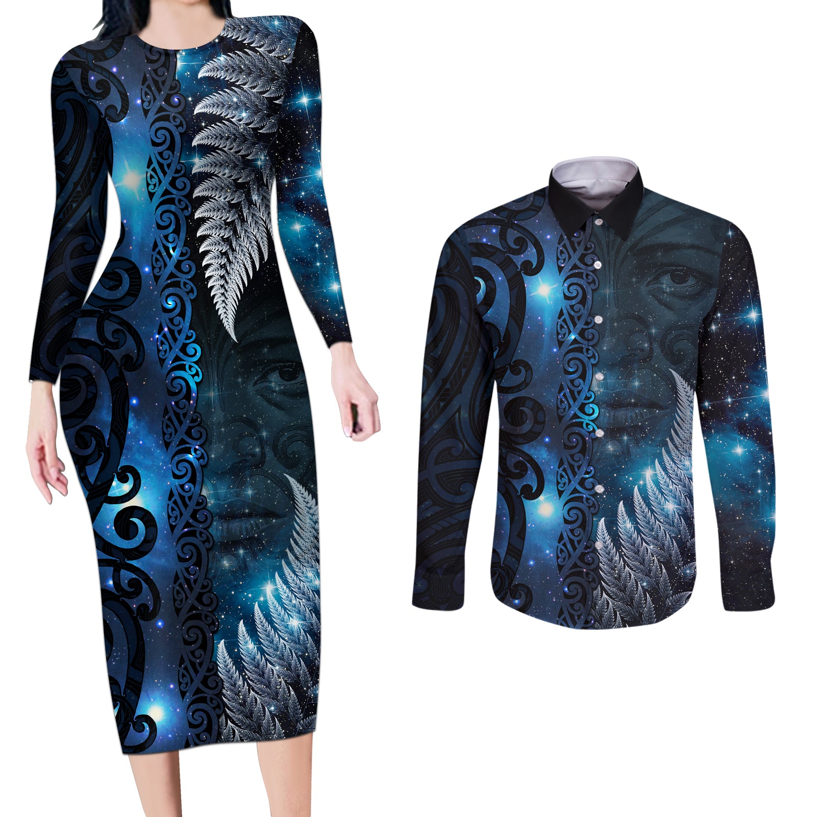 New Zealand Matariki Couples Matching Long Sleeve Bodycon Dress and Long Sleeve Button Shirt The Tribal Maori Face and Silver Fern