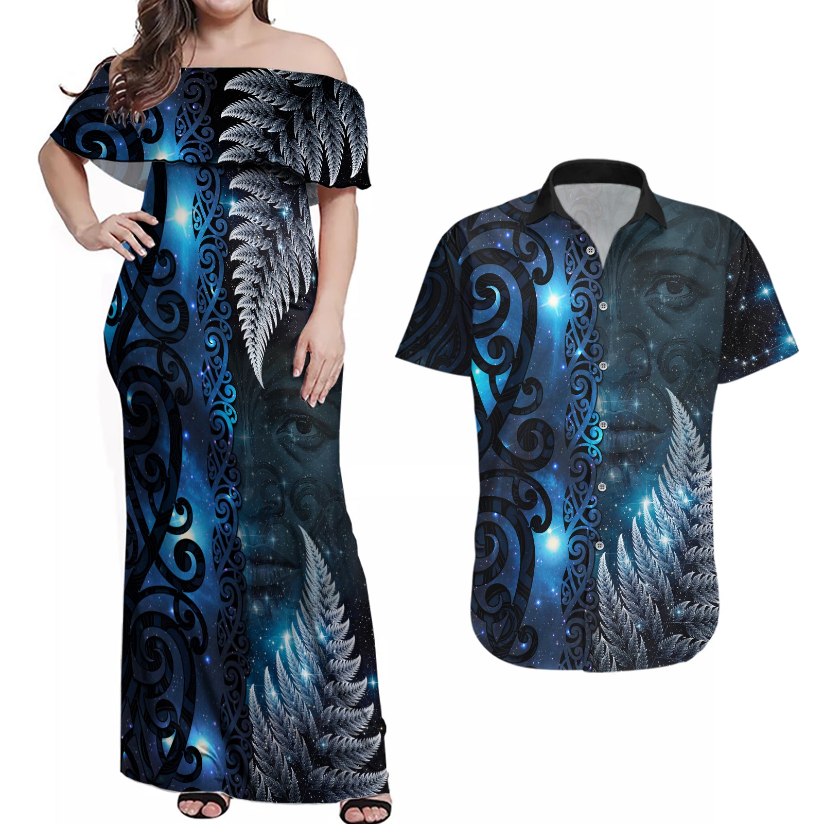 New Zealand Matariki Couples Matching Off Shoulder Maxi Dress and Hawaiian Shirt The Tribal Maori Face and Silver Fern