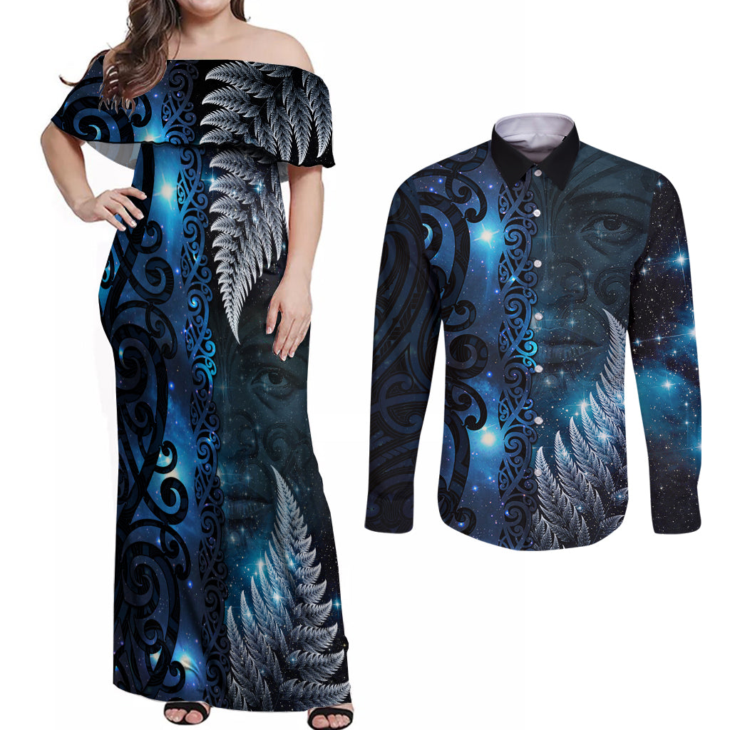 New Zealand Matariki Couples Matching Off Shoulder Maxi Dress and Long Sleeve Button Shirt The Tribal Maori Face and Silver Fern