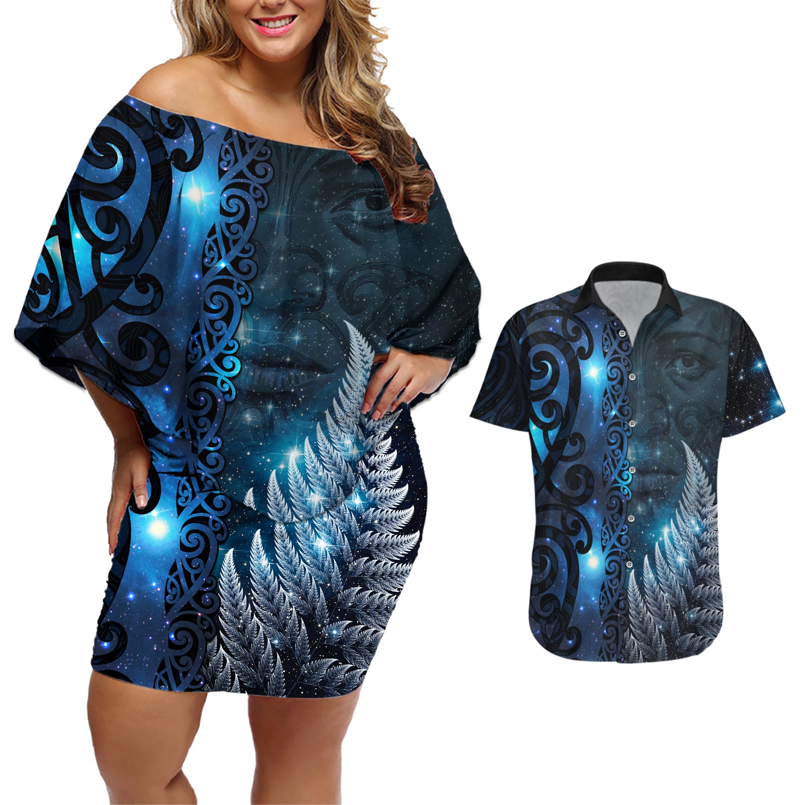 New Zealand Matariki Couples Matching Off Shoulder Short Dress and Hawaiian Shirt The Tribal Maori Face and Silver Fern