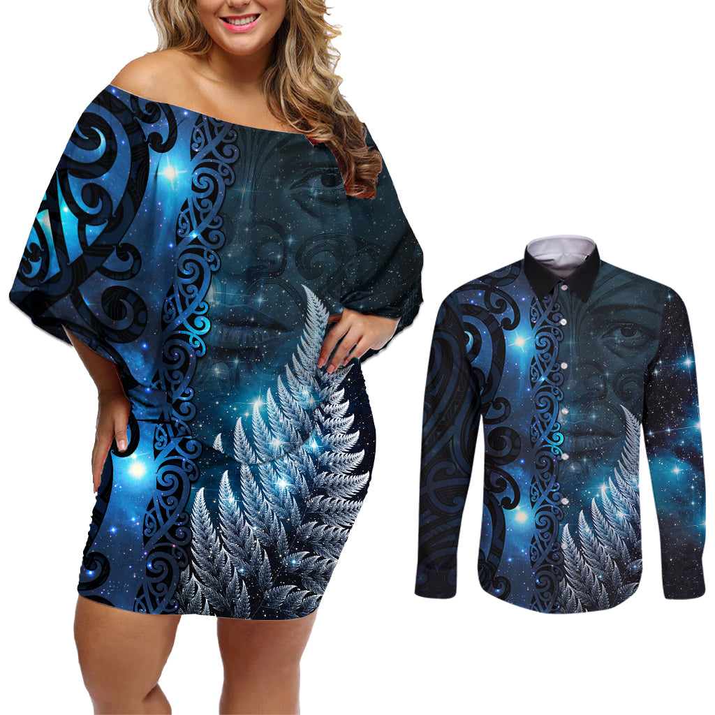 New Zealand Matariki Couples Matching Off Shoulder Short Dress and Long Sleeve Button Shirt The Tribal Maori Face and Silver Fern