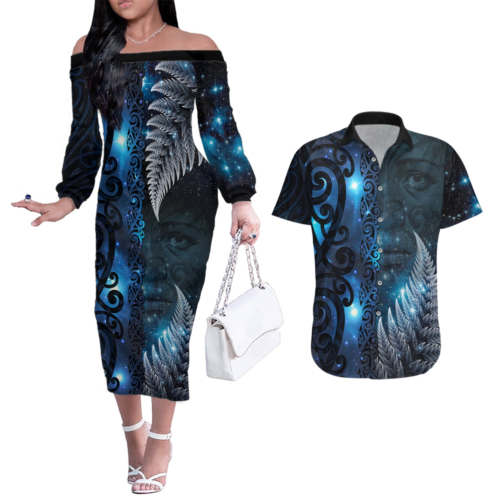 New Zealand Matariki Couples Matching Off The Shoulder Long Sleeve Dress and Hawaiian Shirt The Tribal Maori Face and Silver Fern