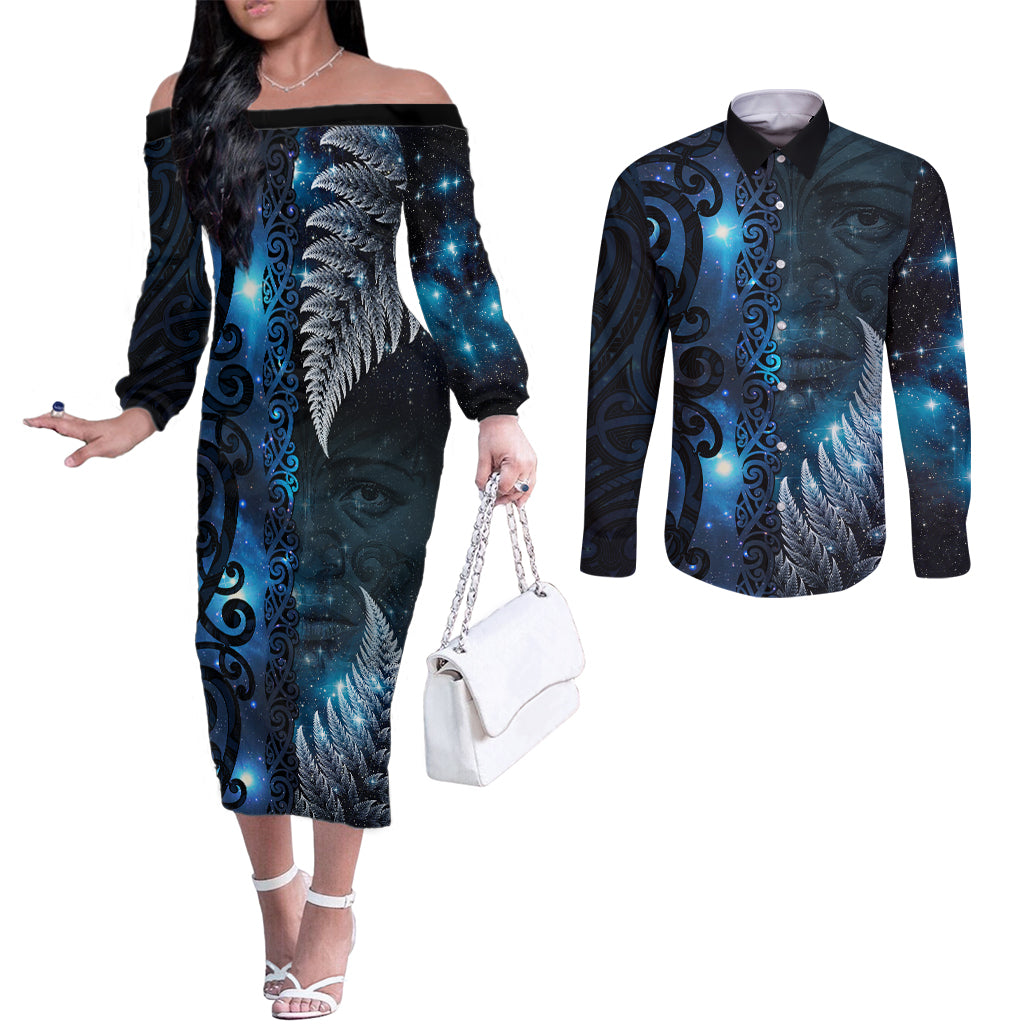 New Zealand Matariki Couples Matching Off The Shoulder Long Sleeve Dress and Long Sleeve Button Shirt The Tribal Maori Face and Silver Fern