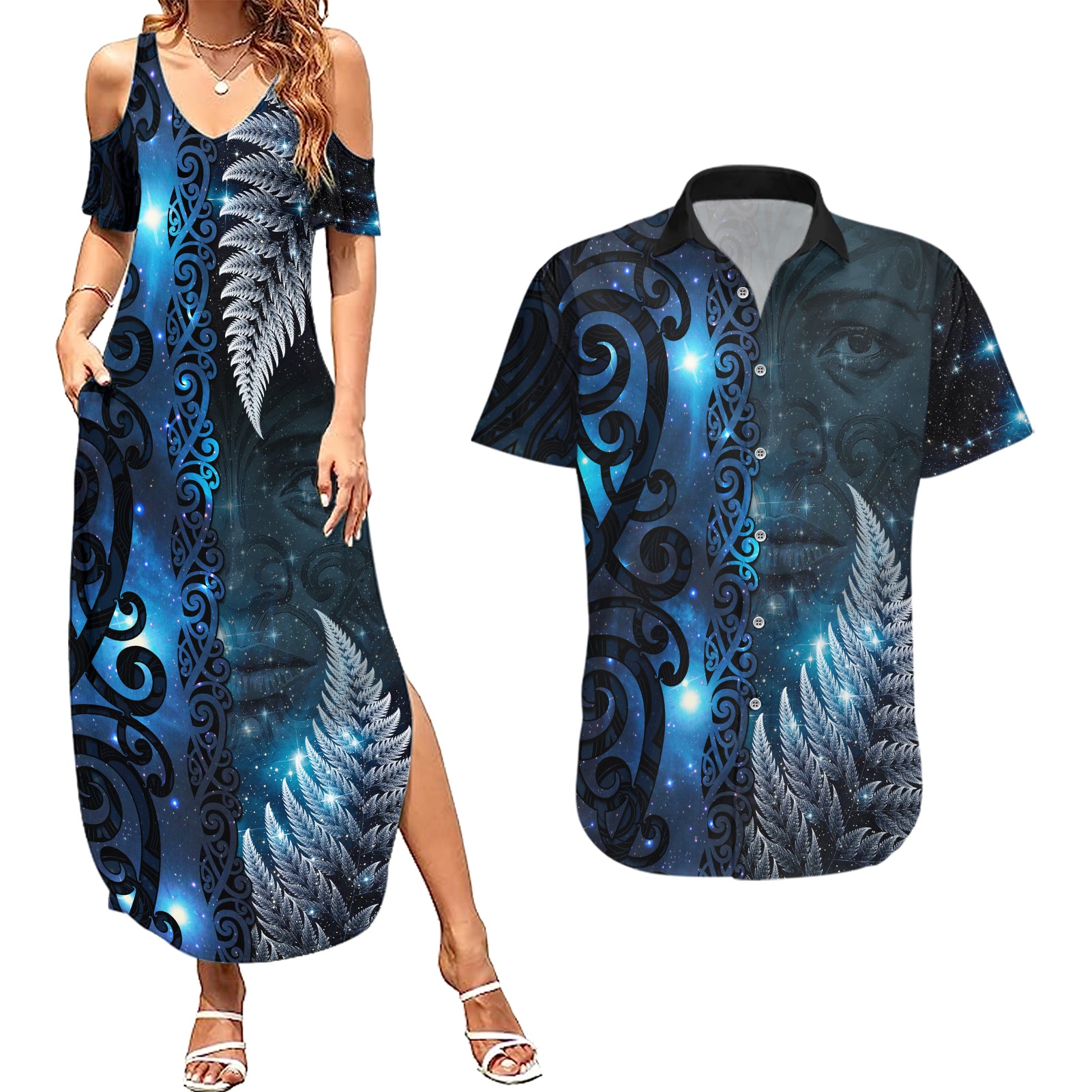 New Zealand Matariki Couples Matching Summer Maxi Dress and Hawaiian Shirt The Tribal Maori Face and Silver Fern