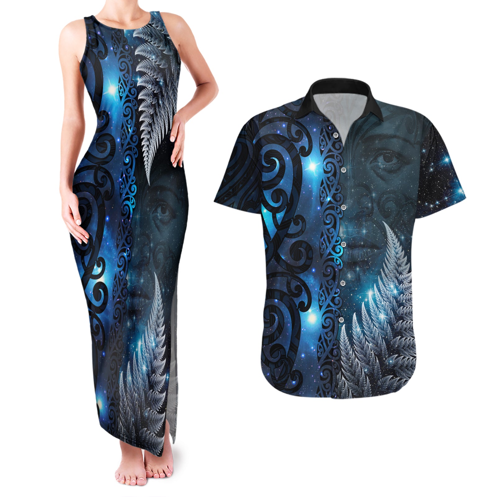 New Zealand Matariki Couples Matching Tank Maxi Dress and Hawaiian Shirt The Tribal Maori Face and Silver Fern