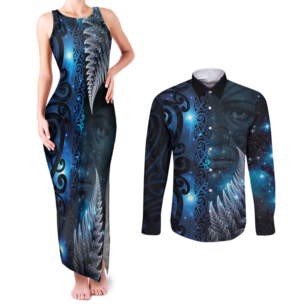 New Zealand Matariki Couples Matching Tank Maxi Dress and Long Sleeve Button Shirt The Tribal Maori Face and Silver Fern