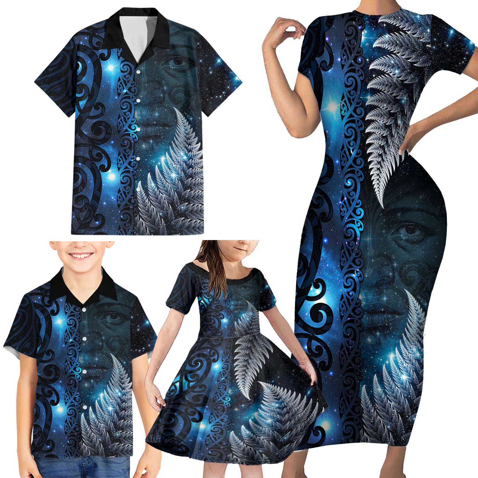 New Zealand Matariki Family Matching Short Sleeve Bodycon Dress and Hawaiian Shirt The Tribal Maori Face and Silver Fern