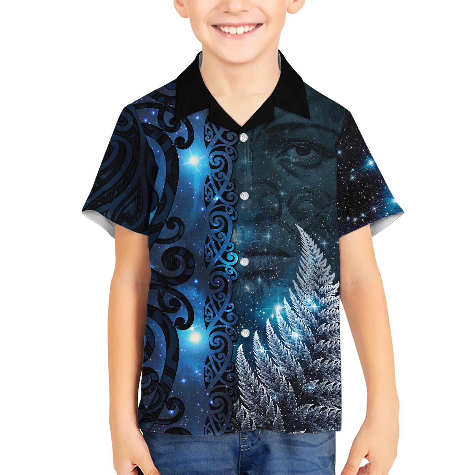 New Zealand Matariki Kid Hawaiian Shirt The Tribal Maori Face and Silver Fern