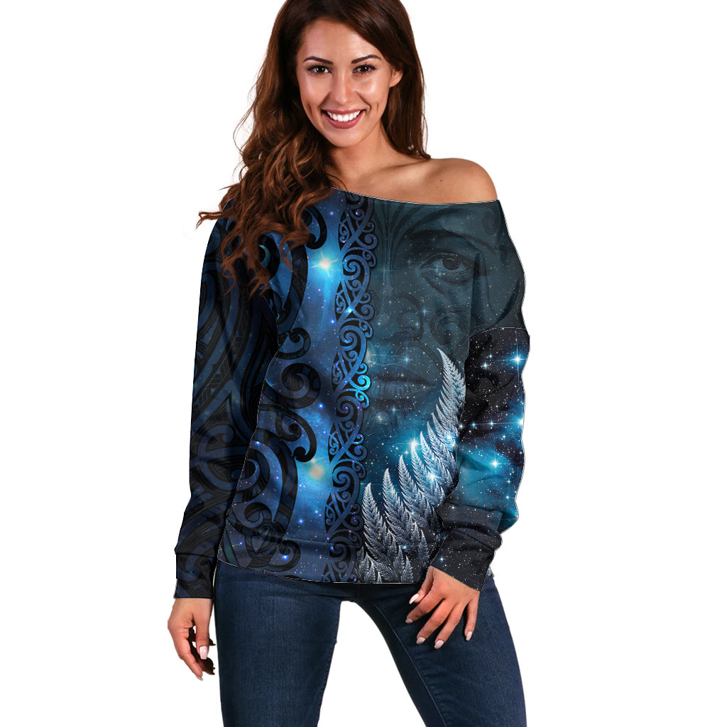 New Zealand Matariki Off Shoulder Sweater The Tribal Maori Face and Silver Fern LT03 Women Blue - Polynesian Pride