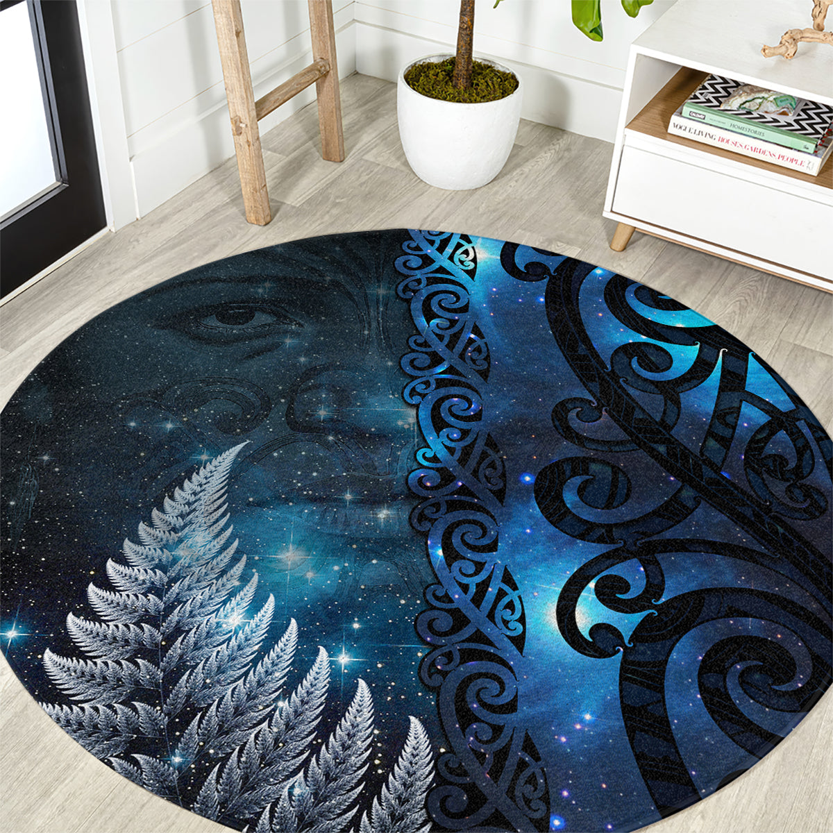 New Zealand Matariki Round Carpet The Tribal Maori Face and Silver Fern